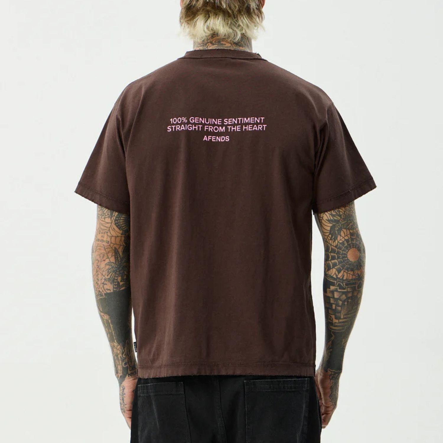 AFENDS MENS GENUINE SENTIMENT RECYCLED HEAVYWEIGHT BOXY FIT SS TEE - WASHED COFFEE