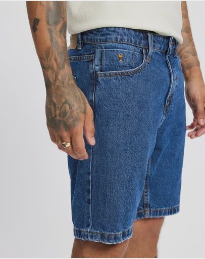 THRILLS MENS CHOPPED HEM SLIM STRAIGHT DENIM SHORT - DEEP VINTAGE BLUE