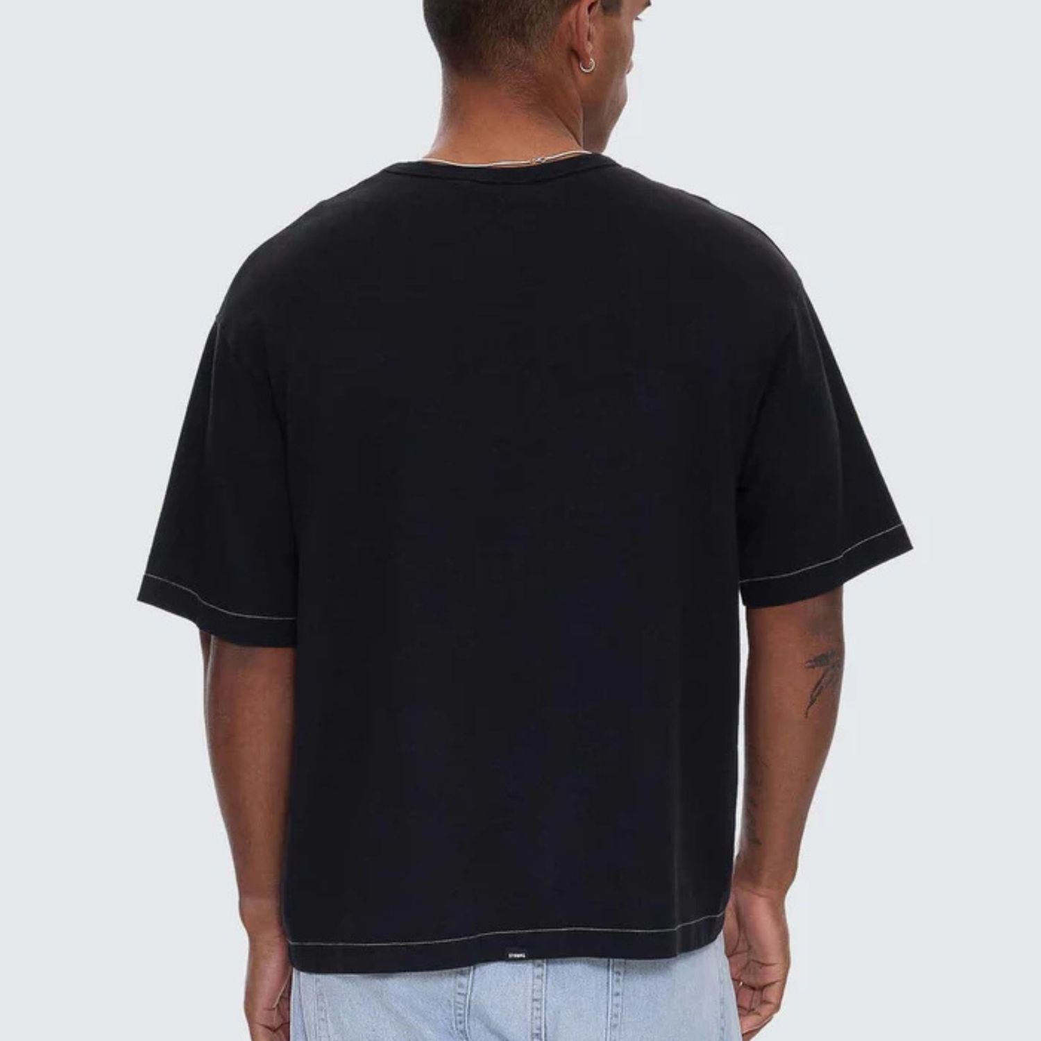 THRILLS MENS HEMP THRILLS EMBRO CONTRAST STITCH BOX FIT OVERSIZE CROPPED TEE - WASHED BLACK