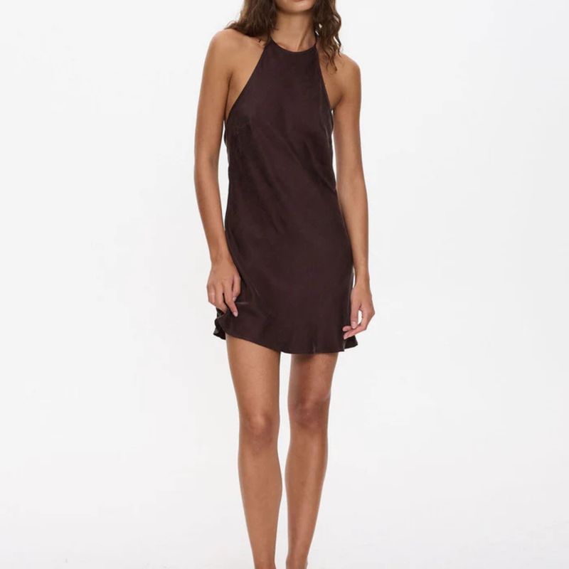 THRILLS WOMENS  CELESTE BIAS HALTER MINI DRESS - POSTAL BROWN