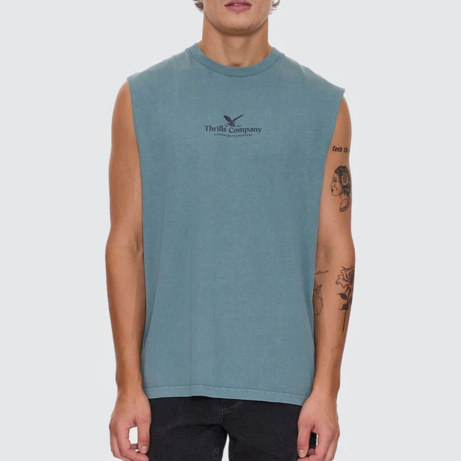 THRILLS MENS A HAVEN FOR THE RESTLESS MERCH FIT MUSCLE TEE- GREEN COAST