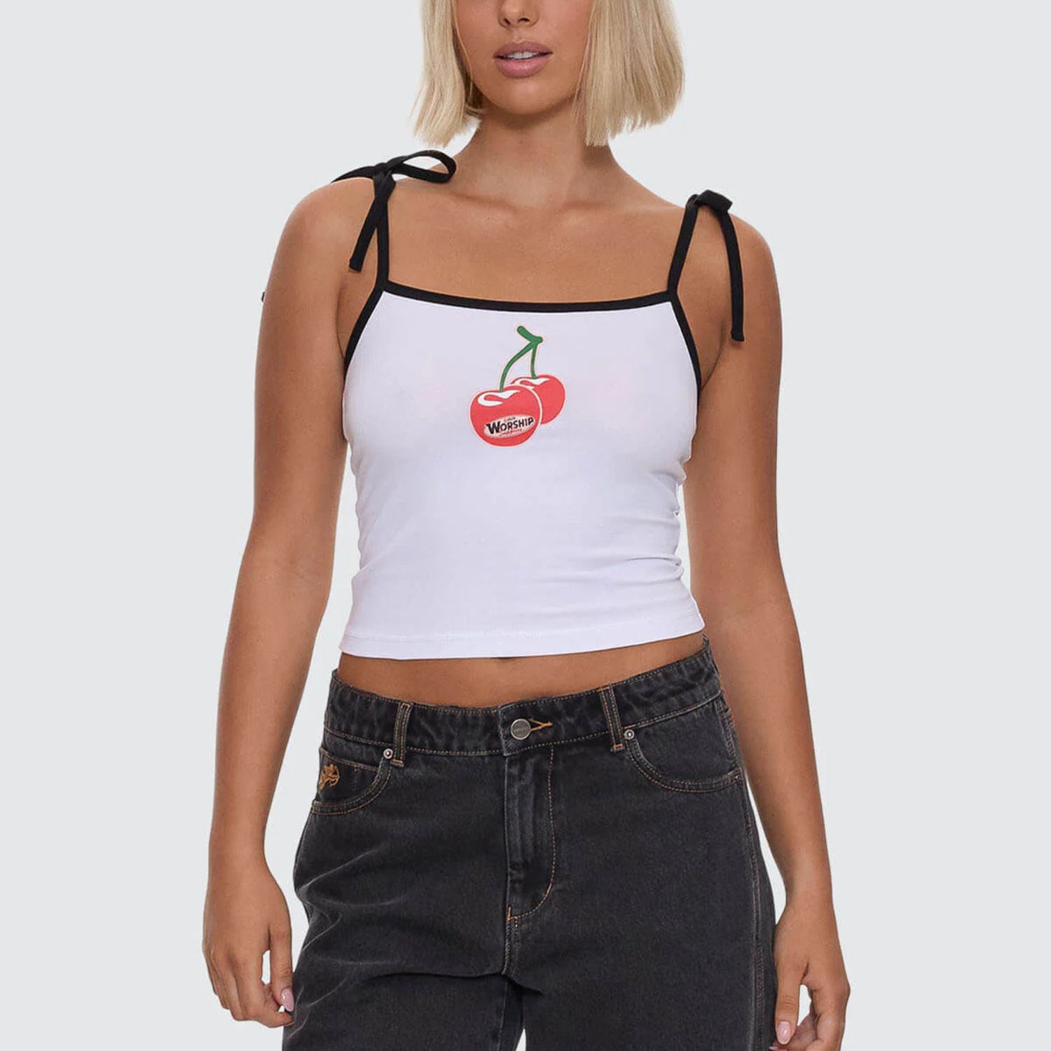 WORSHIP LADIES GLAZED AND CONFUSED TIES SINGLET- WHITE