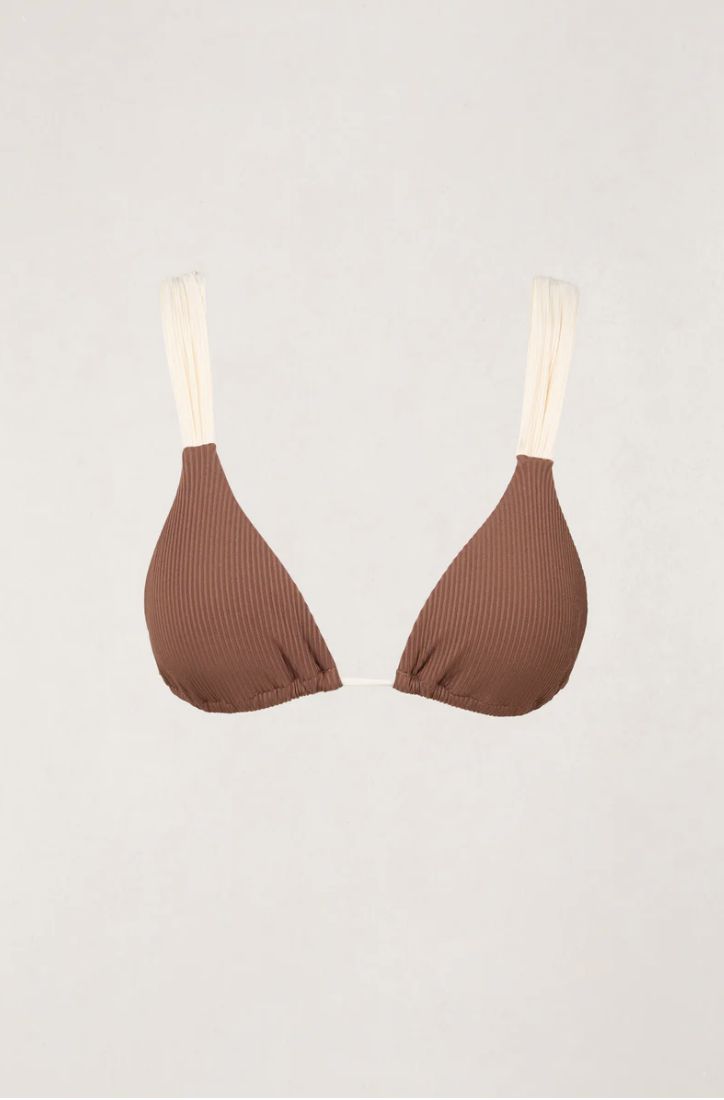 RHYTHM WOMENS LILY RIB SOFT STRAP SLIDE TRI SWIM TOP - CHOCOLATE