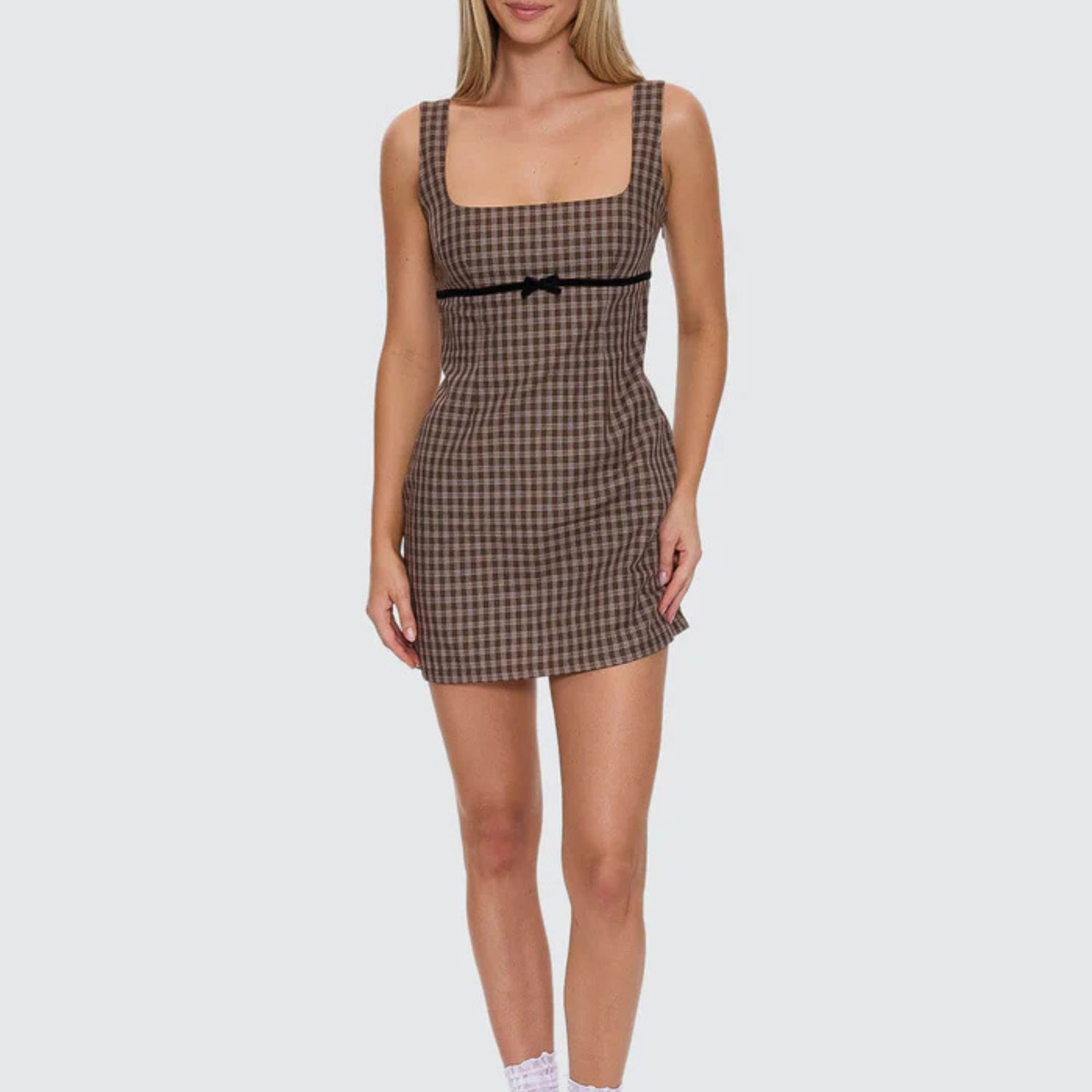 THRILLS WOMENS  STATE OF MIND CHECK DRESS - POSTAL BROWN