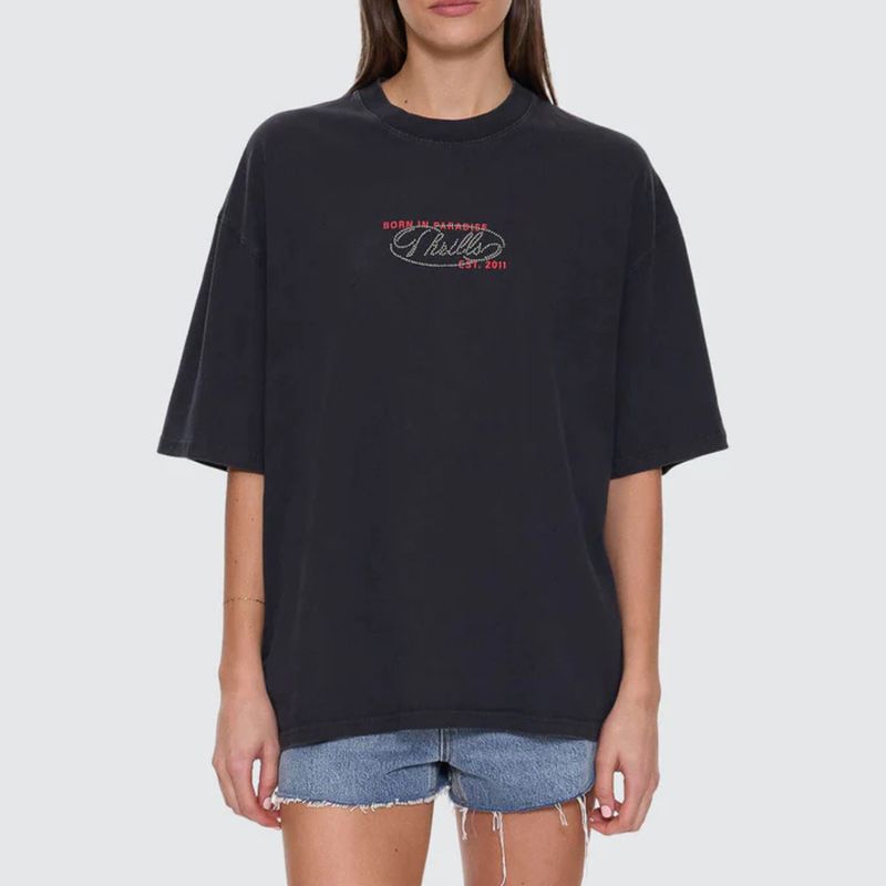 THRILLS WOMENS  CHAOS REIGNS OVERSIZED TEE - WASHED BLACK