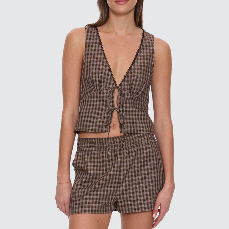 THRILLS WOMENS  STATE OF MIND CHECK TOP - POSTAL BROWN