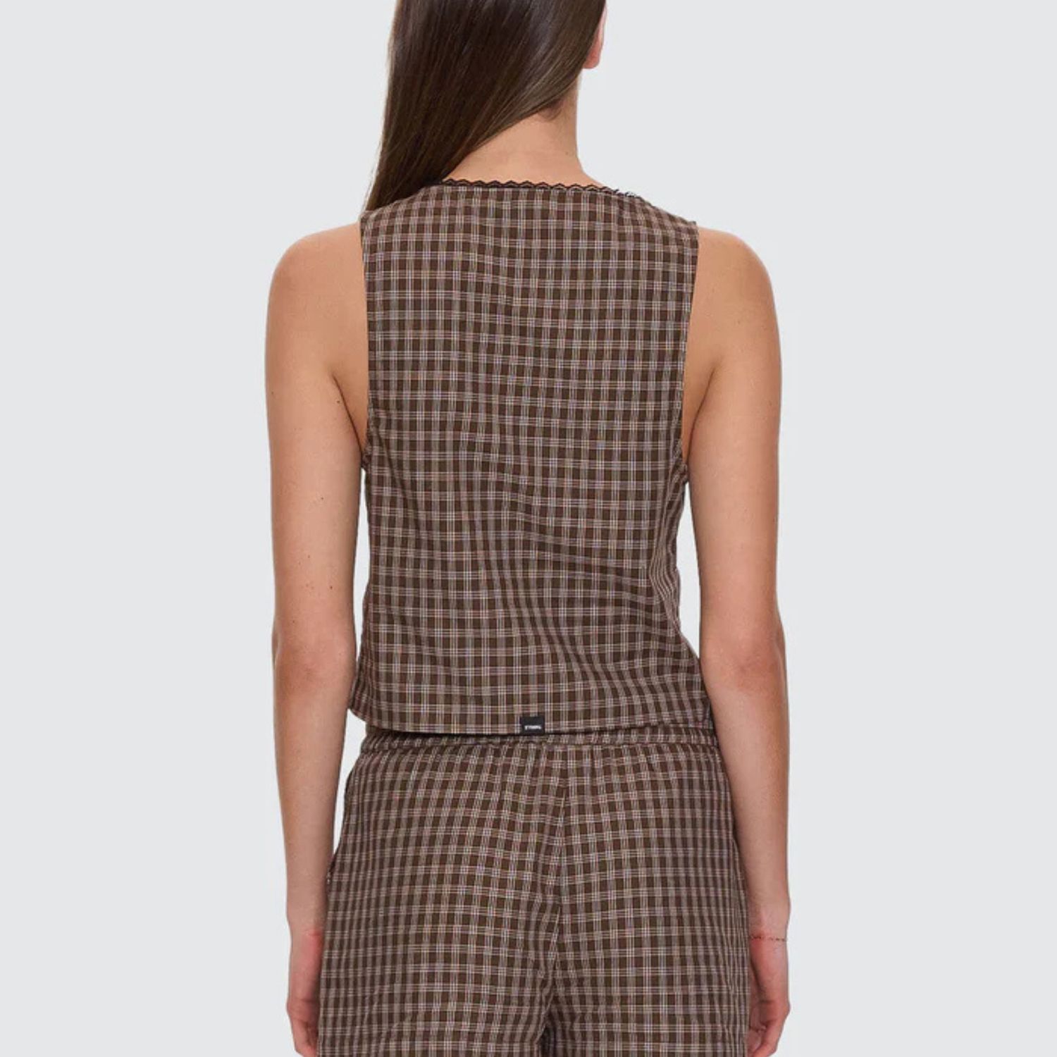 THRILLS WOMENS  STATE OF MIND CHECK TOP - POSTAL BROWN