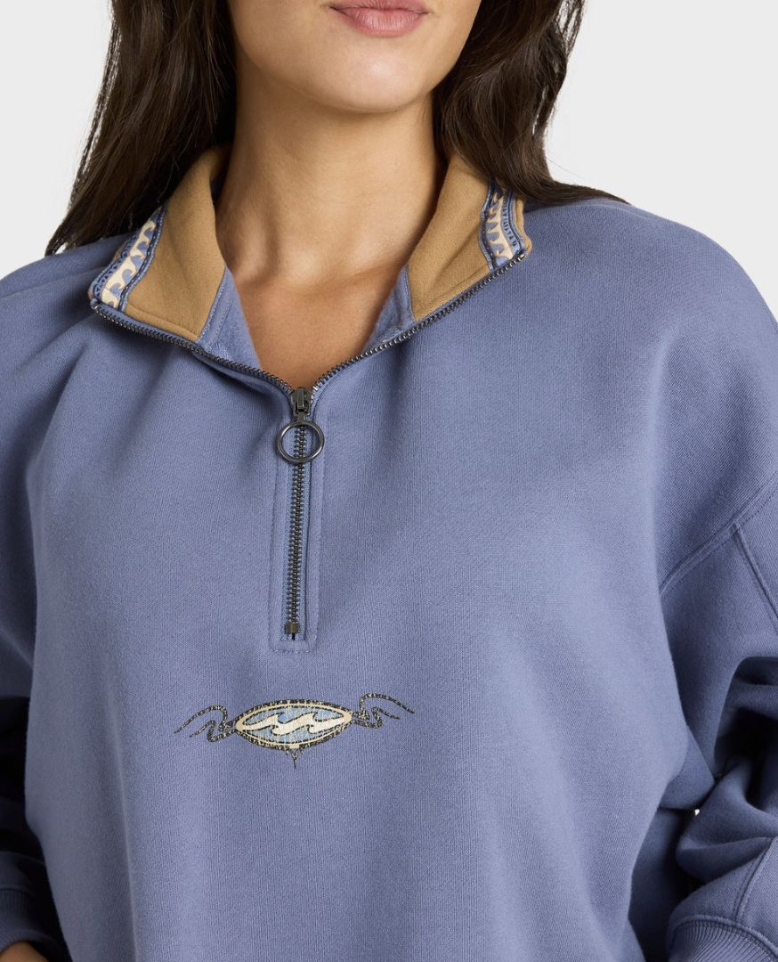 BILLABONG WOMENS WAVE BREAK HALF ZIP CREW - STONE BLUE