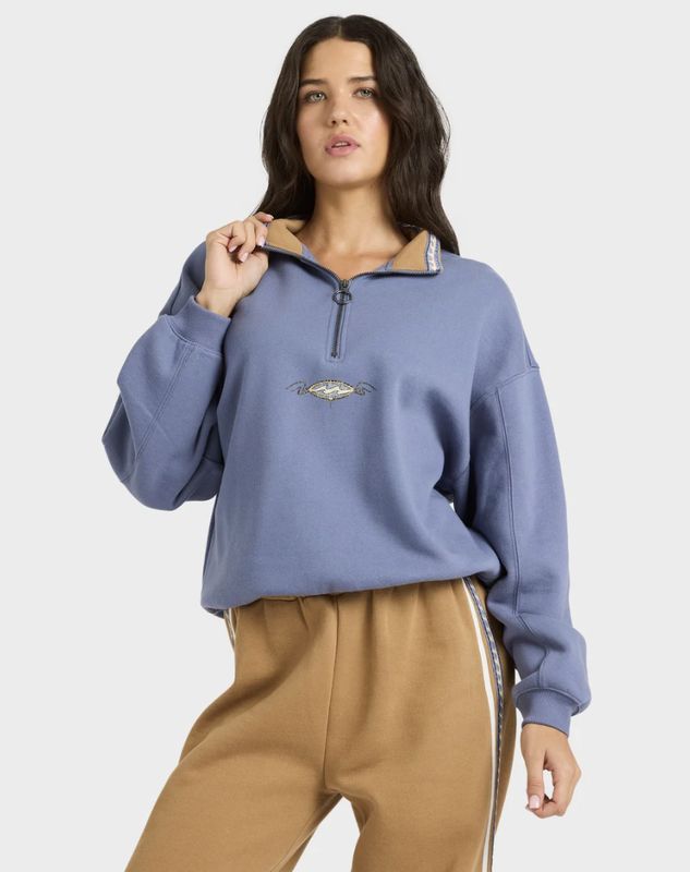 BILLABONG WOMENS WAVE BREAK HALF ZIP CREW - STONE BLUE