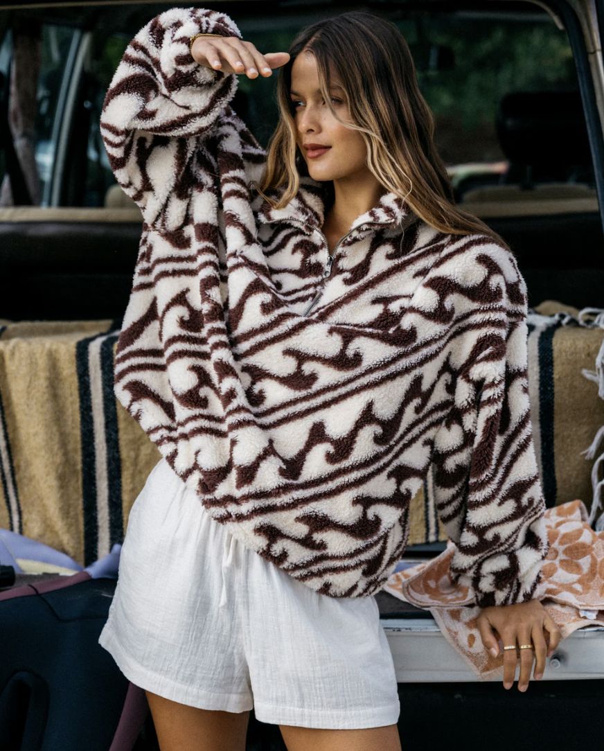 BILLABONG WOMENS DARK WAVE HALF ZIP CREW POLAR FLEECE - TEAK