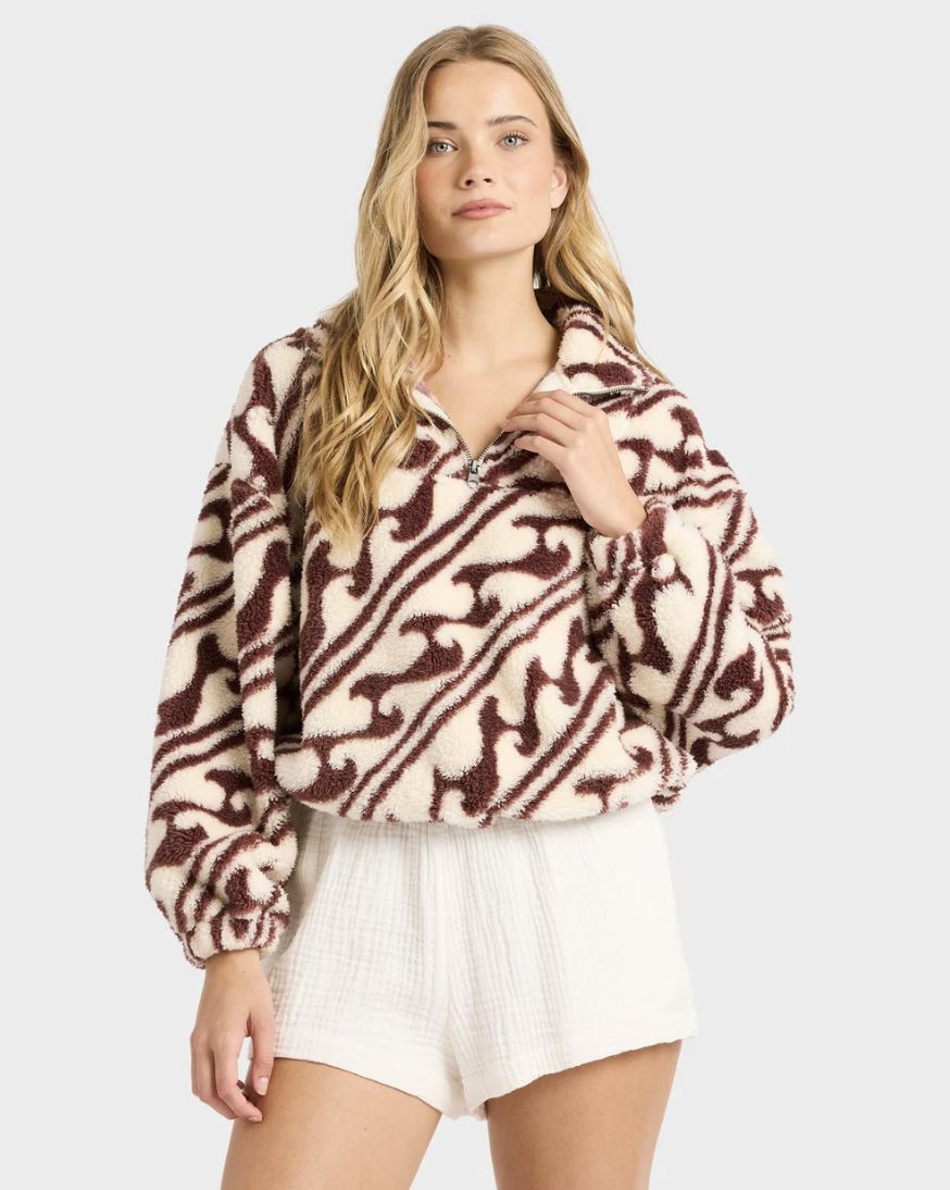 BILLABONG WOMENS DARK WAVE HALF ZIP CREW POLAR FLEECE - TEAK