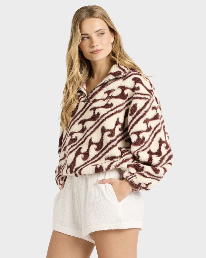BILLABONG WOMENS DARK WAVE HALF ZIP CREW POLAR FLEECE - TEAK