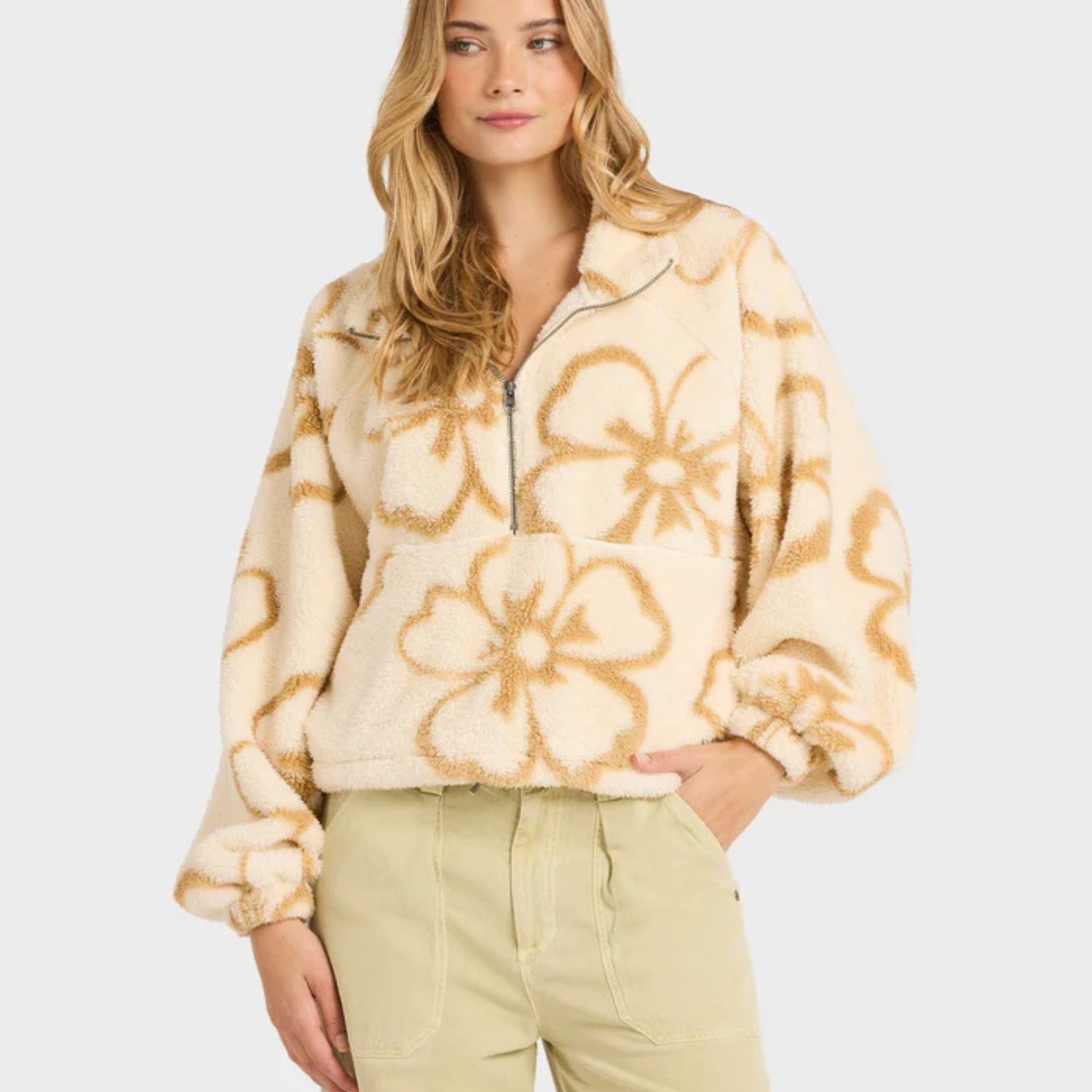 BILLABONG WOMENS LAST TIME HALF ZIP POLAR FLEECE CREW - WHITE CAP