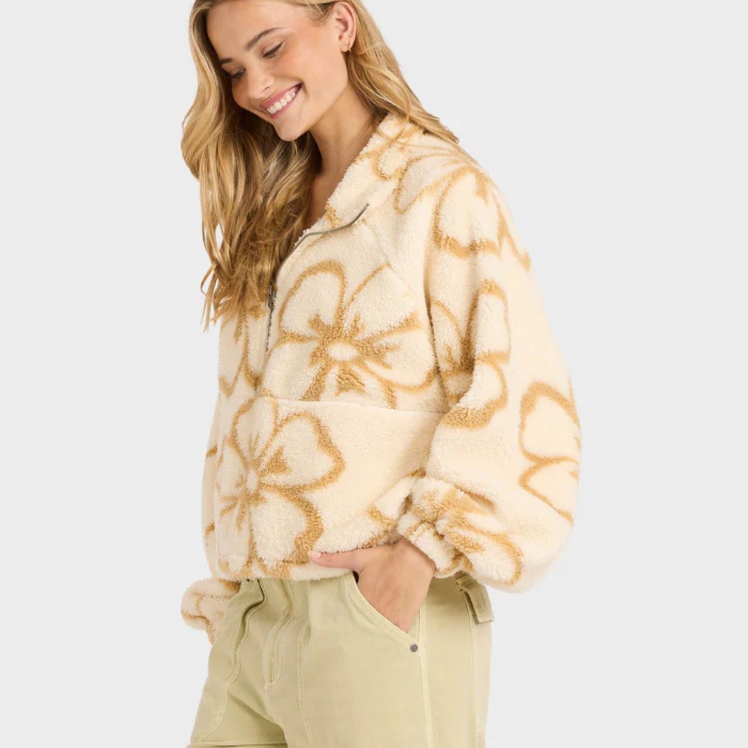 BILLABONG WOMENS LAST TIME HALF ZIP POLAR FLEECE CREW - WHITE CAP