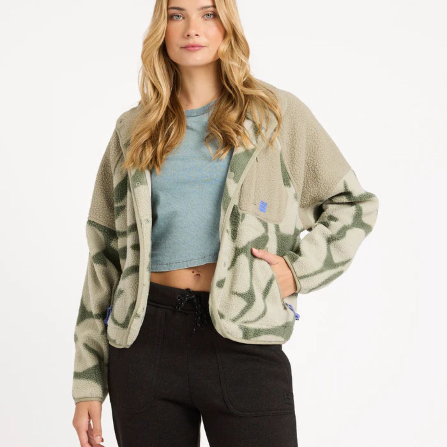 BILLABONG WOMENS POPOYO SNAP UP FLEECE JACKET - SEAGRASS