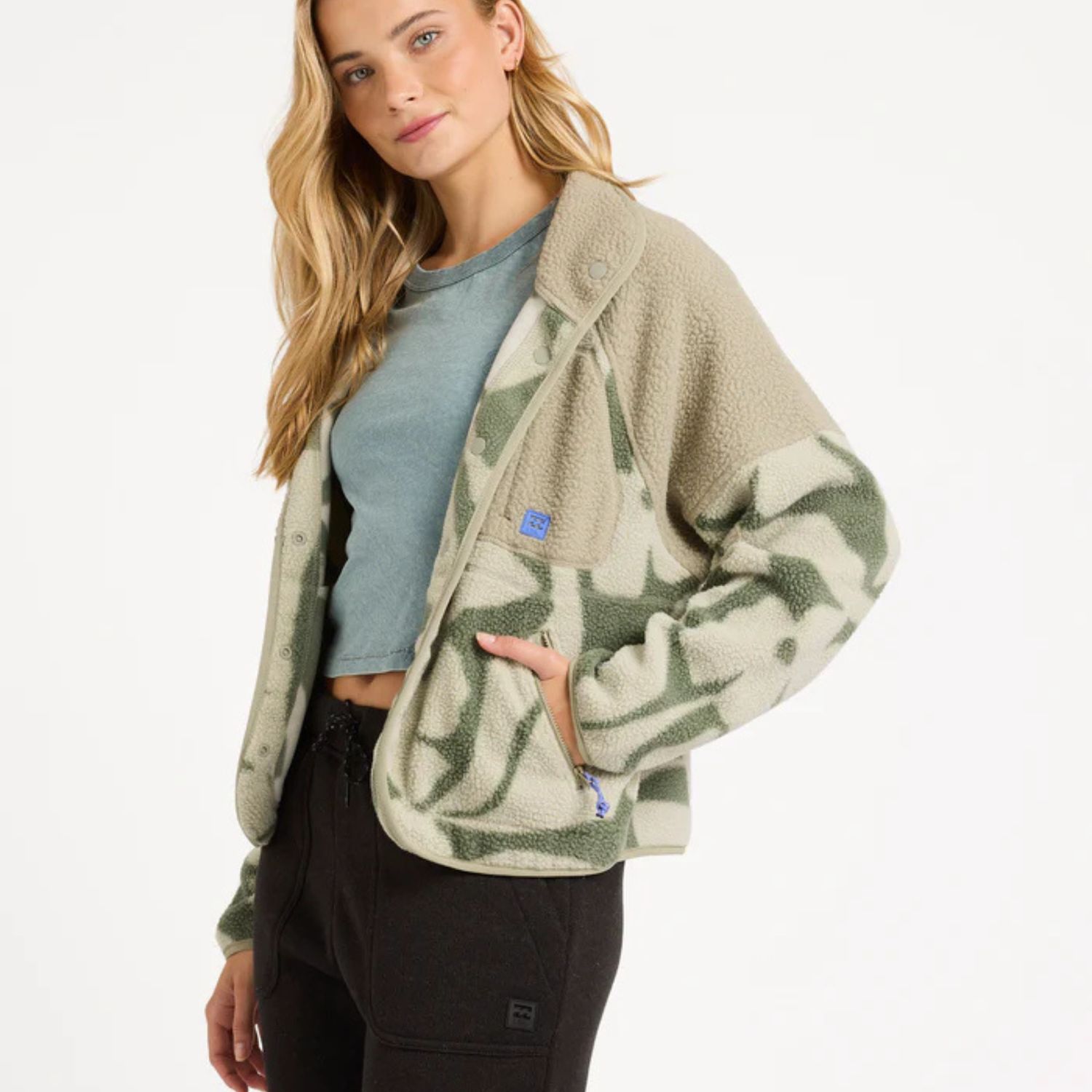 BILLABONG WOMENS POPOYO SNAP UP FLEECE JACKET - SEAGRASS