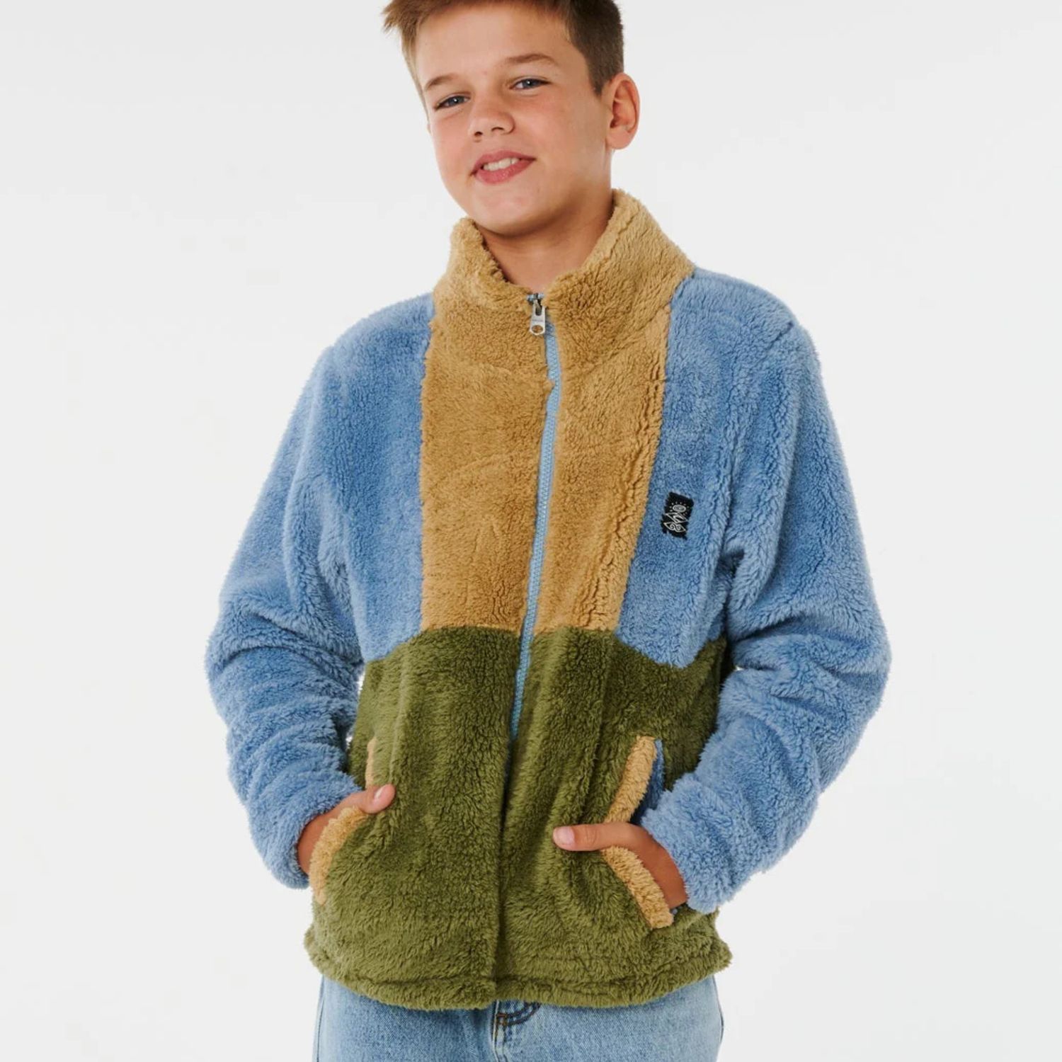 RIPCURL TEEN BOYS BLOCK PARTY POLAR FLEECE JACKET - FADED DENIM