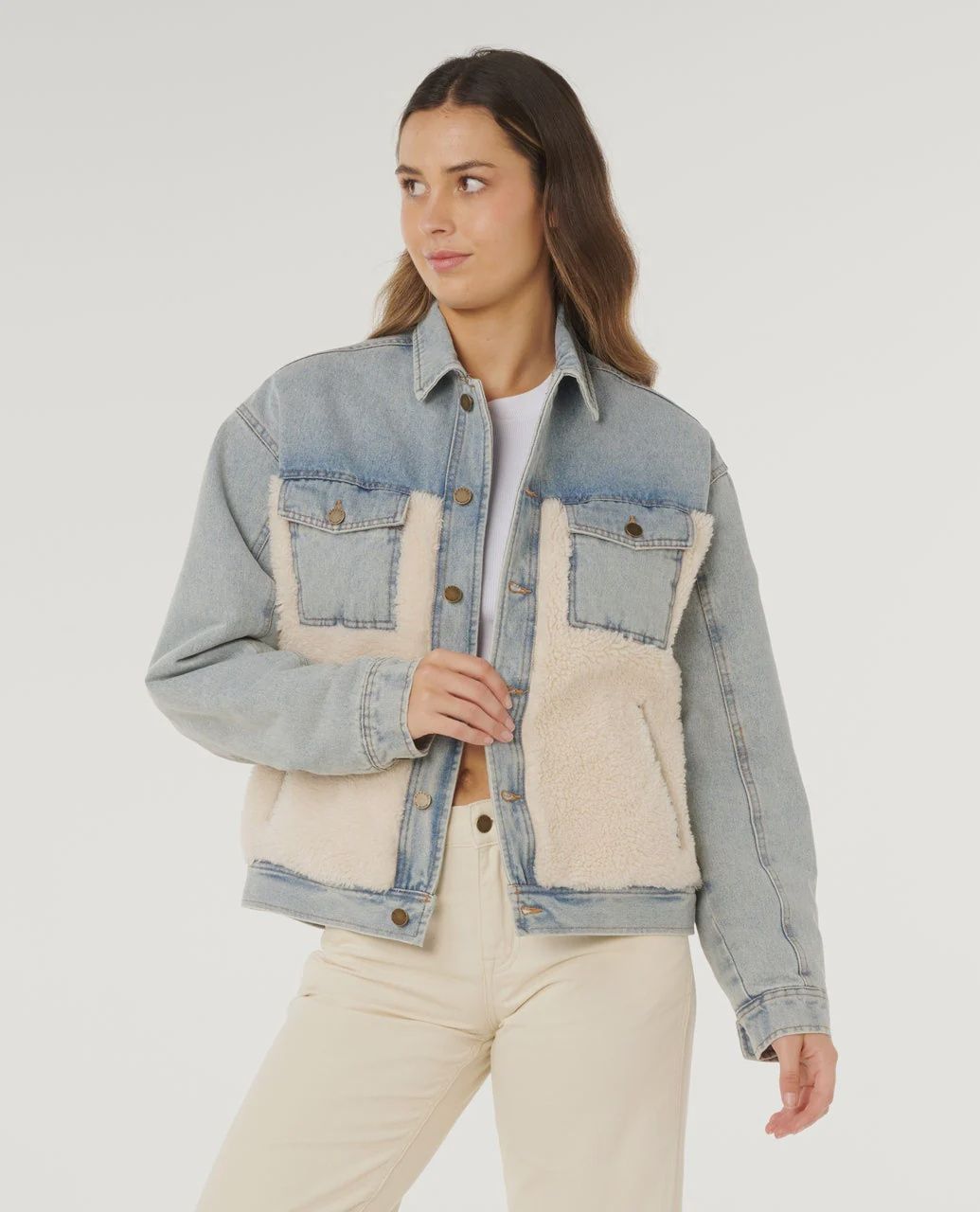 RIPCURL WOMENS CRUISIN SHERPA DENIM JACKET - WASHED BLUE