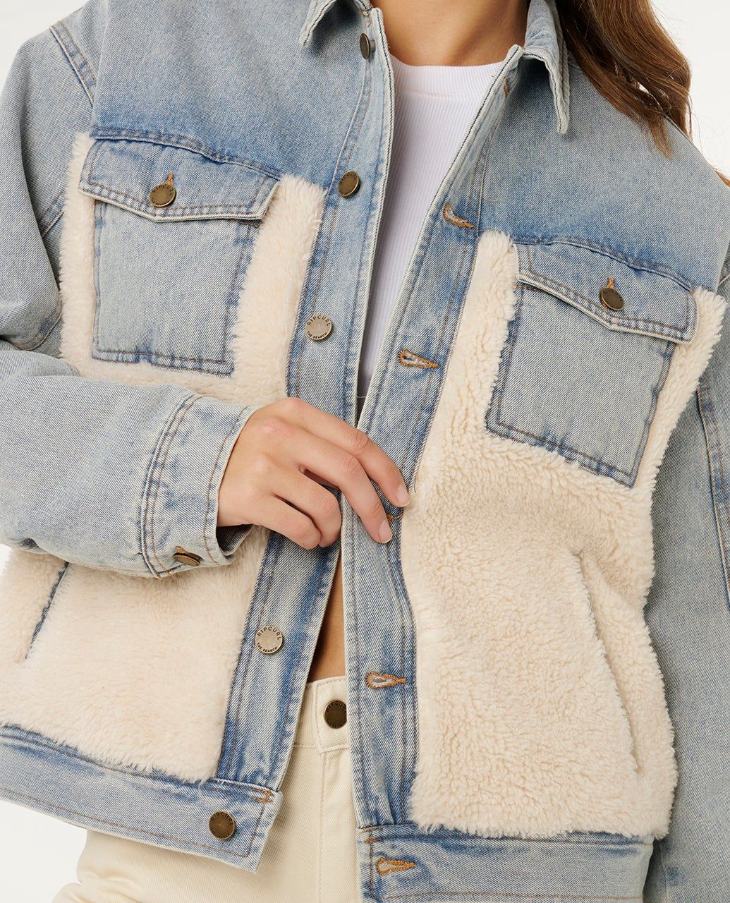 RIPCURL WOMENS CRUISIN SHERPA DENIM JACKET - WASHED BLUE