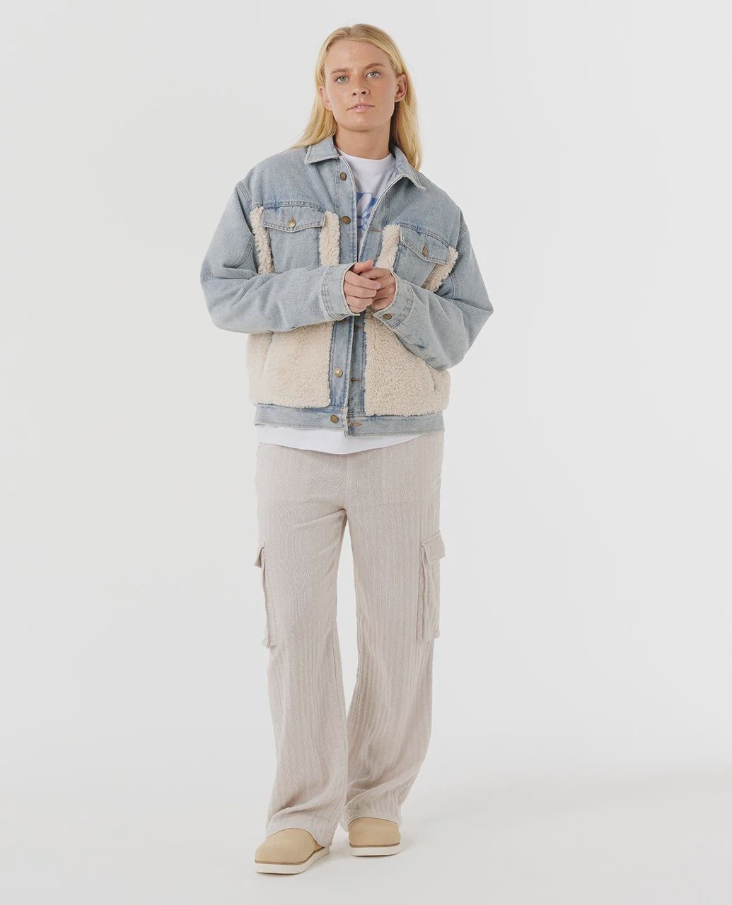 RIPCURL WOMENS CRUISIN SHERPA DENIM JACKET - WASHED BLUE