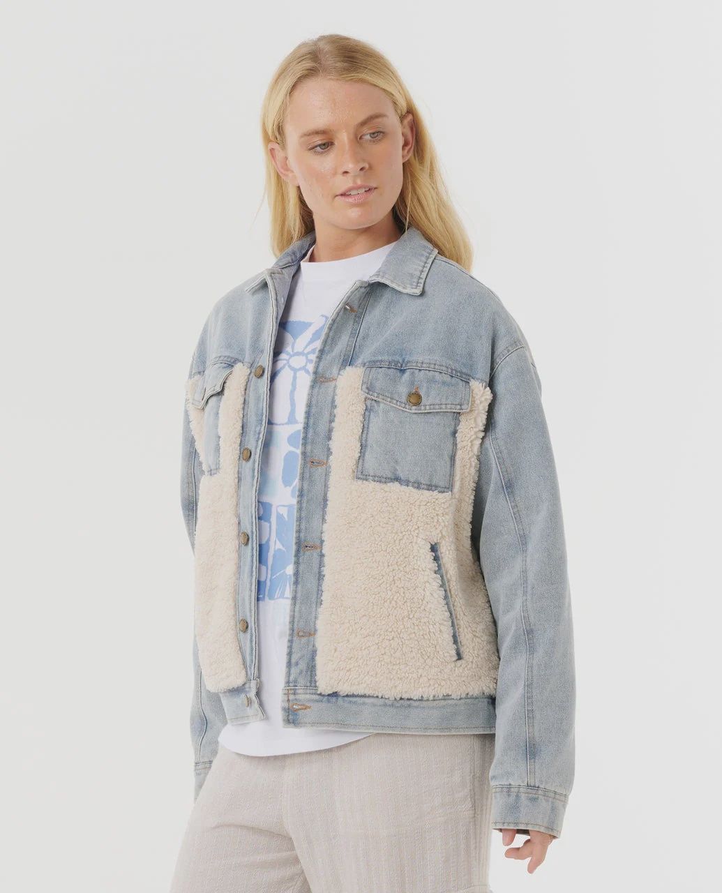 RIPCURL WOMENS CRUISIN SHERPA DENIM JACKET - WASHED BLUE