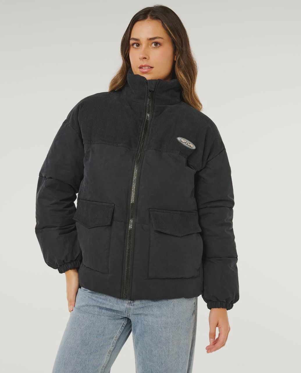 RIPCURL WOMENS HIGH TIDE MIXED CORD PUFFER - WASHED BLACK