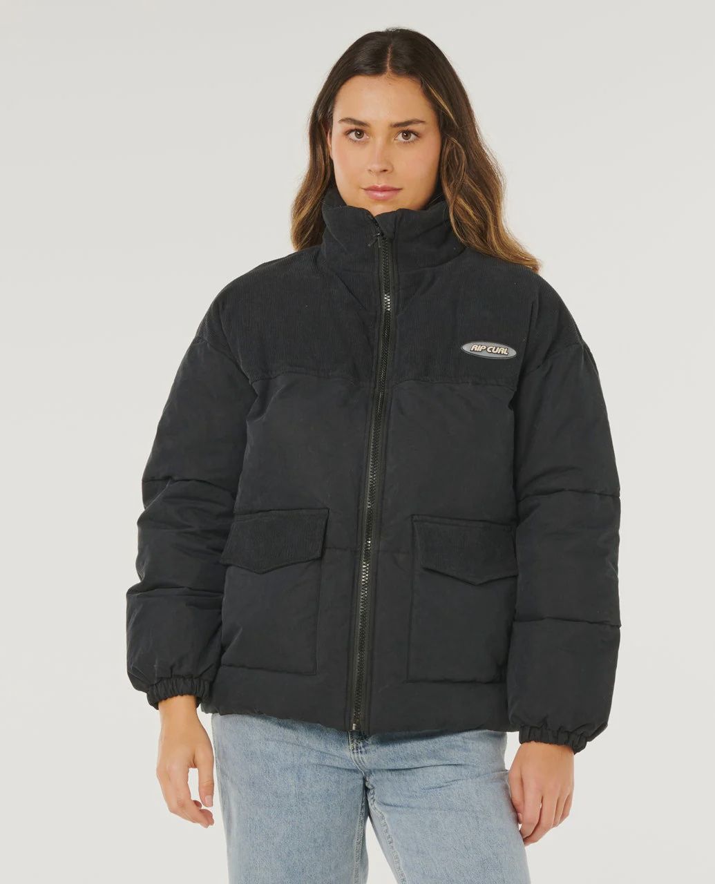 RIPCURL WOMENS HIGH TIDE MIXED CORD PUFFER - WASHED BLACK