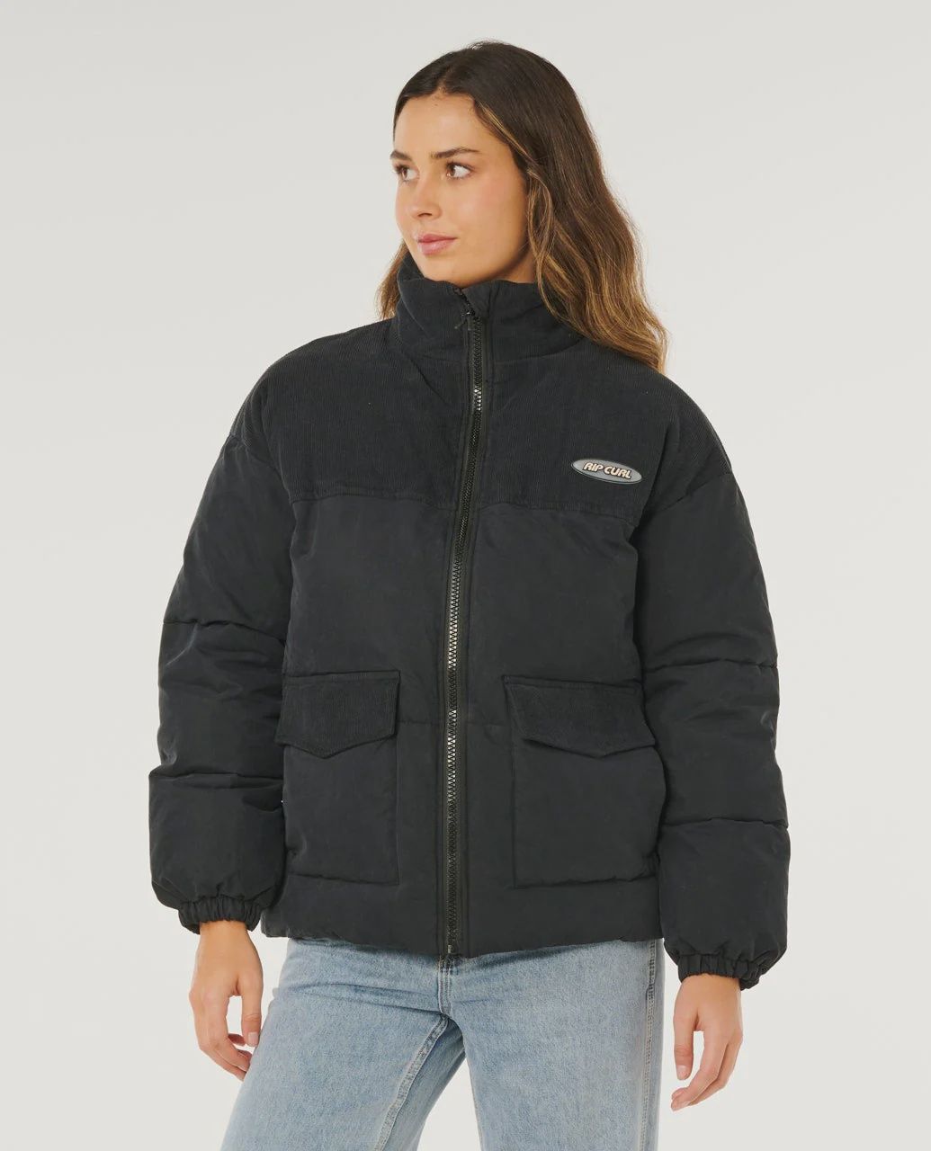 RIPCURL WOMENS HIGH TIDE MIXED CORD PUFFER - WASHED BLACK