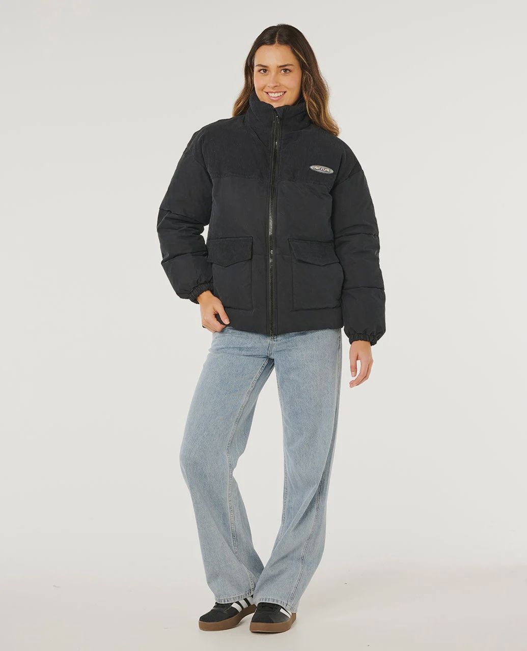 RIPCURL WOMENS HIGH TIDE MIXED CORD PUFFER - WASHED BLACK