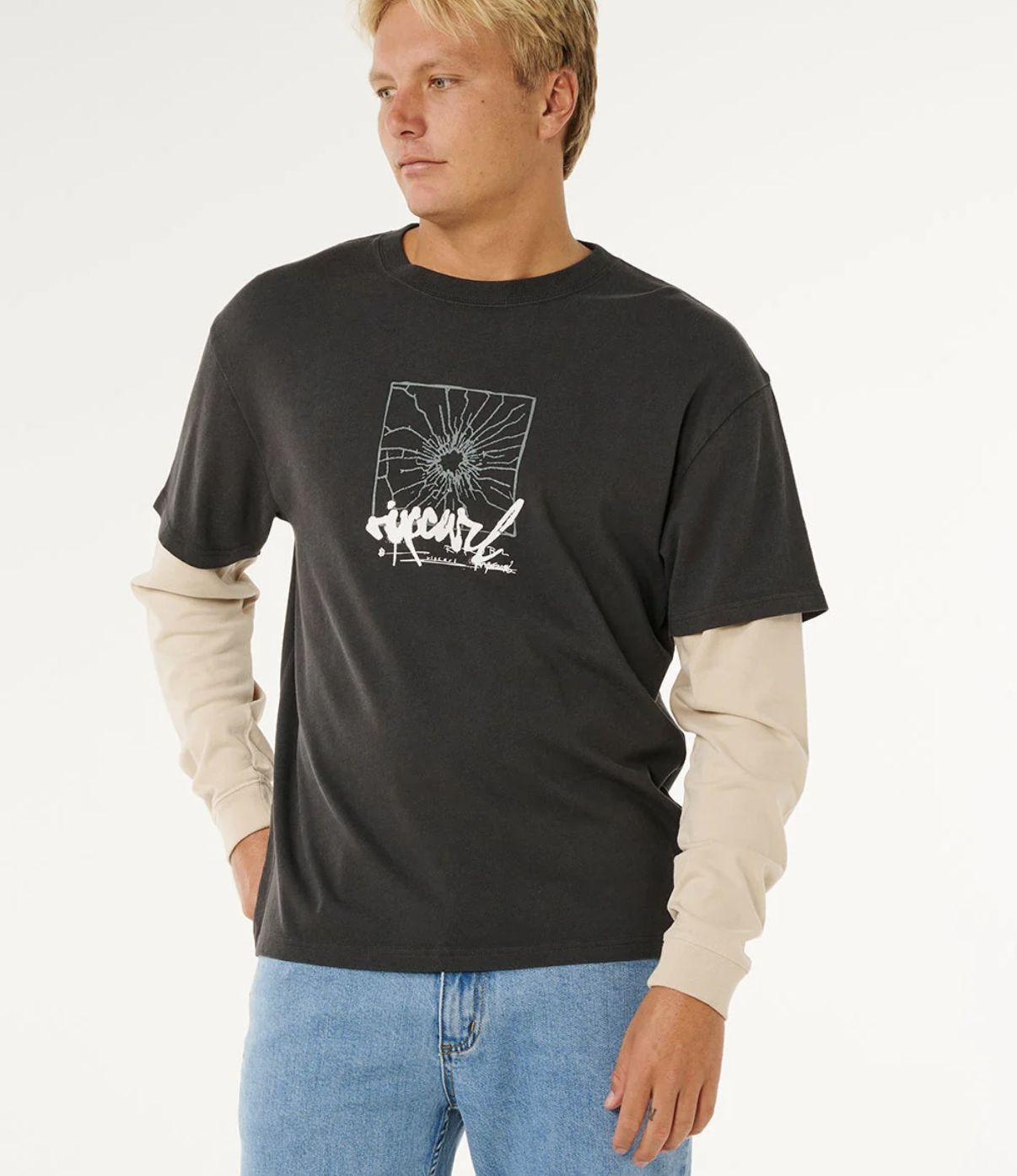 RIPCURL MENS INNER VISIONS SMASHED L/S TEE - WASHED BLACK