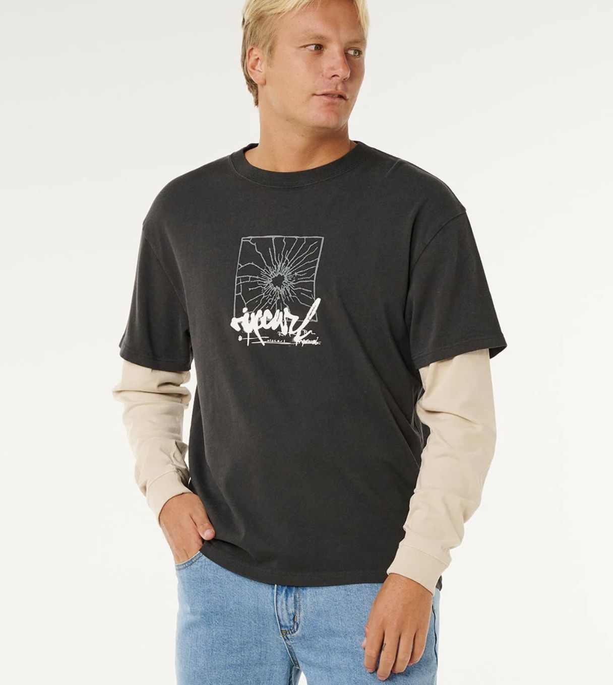 RIPCURL MENS INNER VISIONS SMASHED L/S TEE - WASHED BLACK