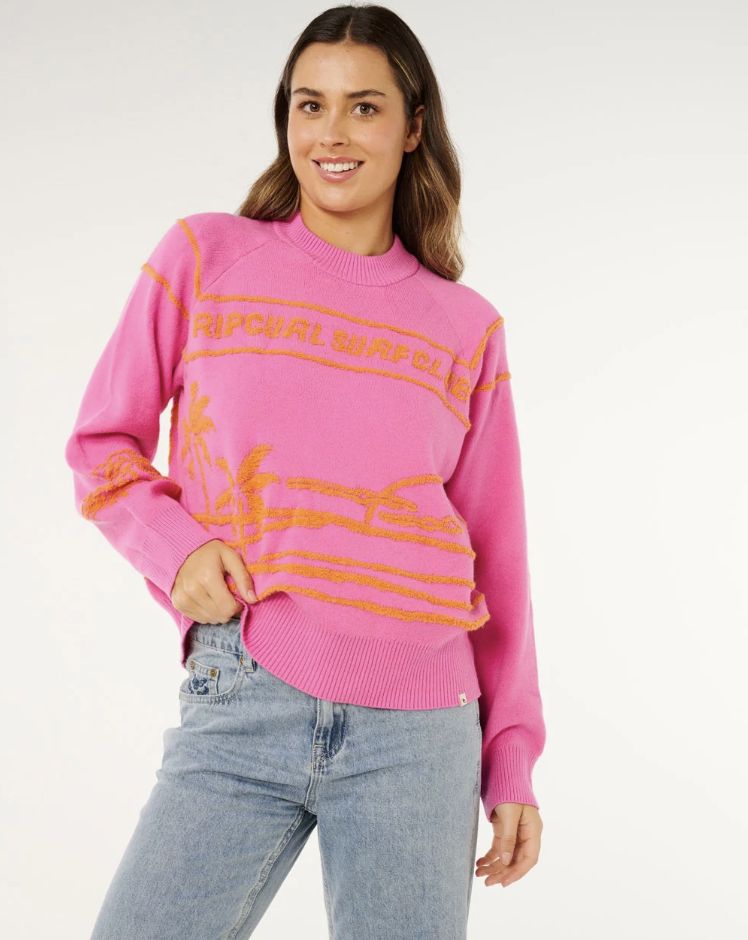 RIPCURL WOMENS HOTEL MALIBU JACQUARD CREW - SUPER PINK