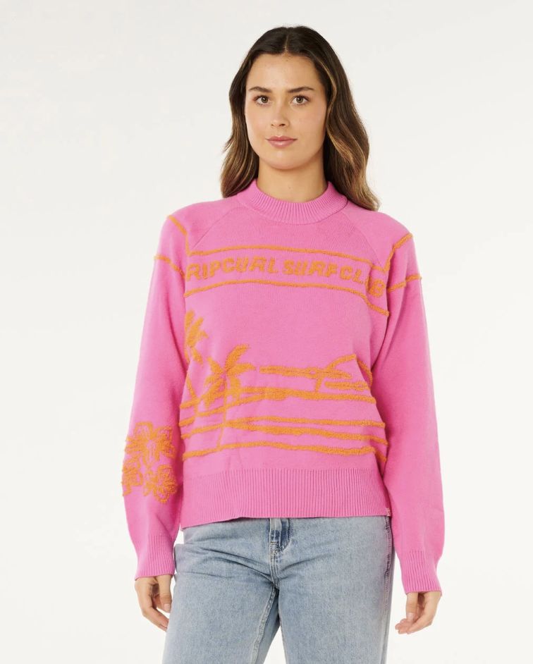 RIPCURL WOMENS HOTEL MALIBU JACQUARD CREW - SUPER PINK
