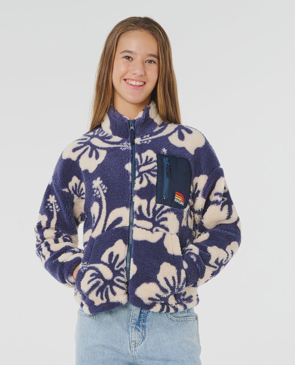 RIPCURL TEEN GIRLS SURFSIDE ZIP THRU POLAR FLEECE JACKET - NAVY