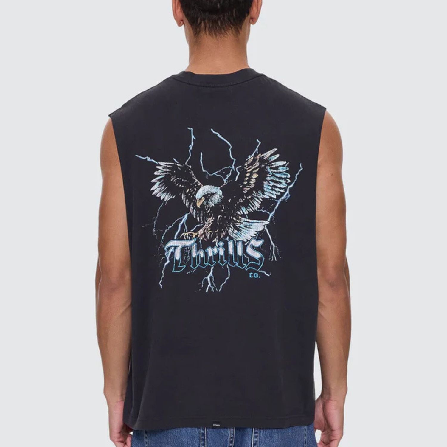 THRILLS MENS RUN FOR THE HILLS BOX FIT OVERSIZE MUSCLE TEE- WASHED BLACK