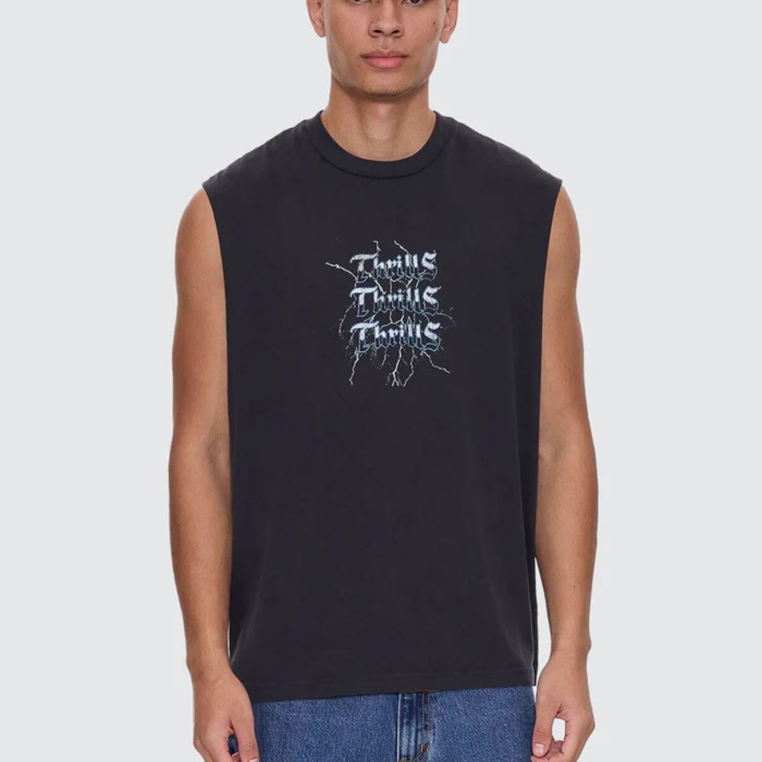 THRILLS MENS RUN FOR THE HILLS BOX FIT OVERSIZE MUSCLE TEE- WASHED BLACK