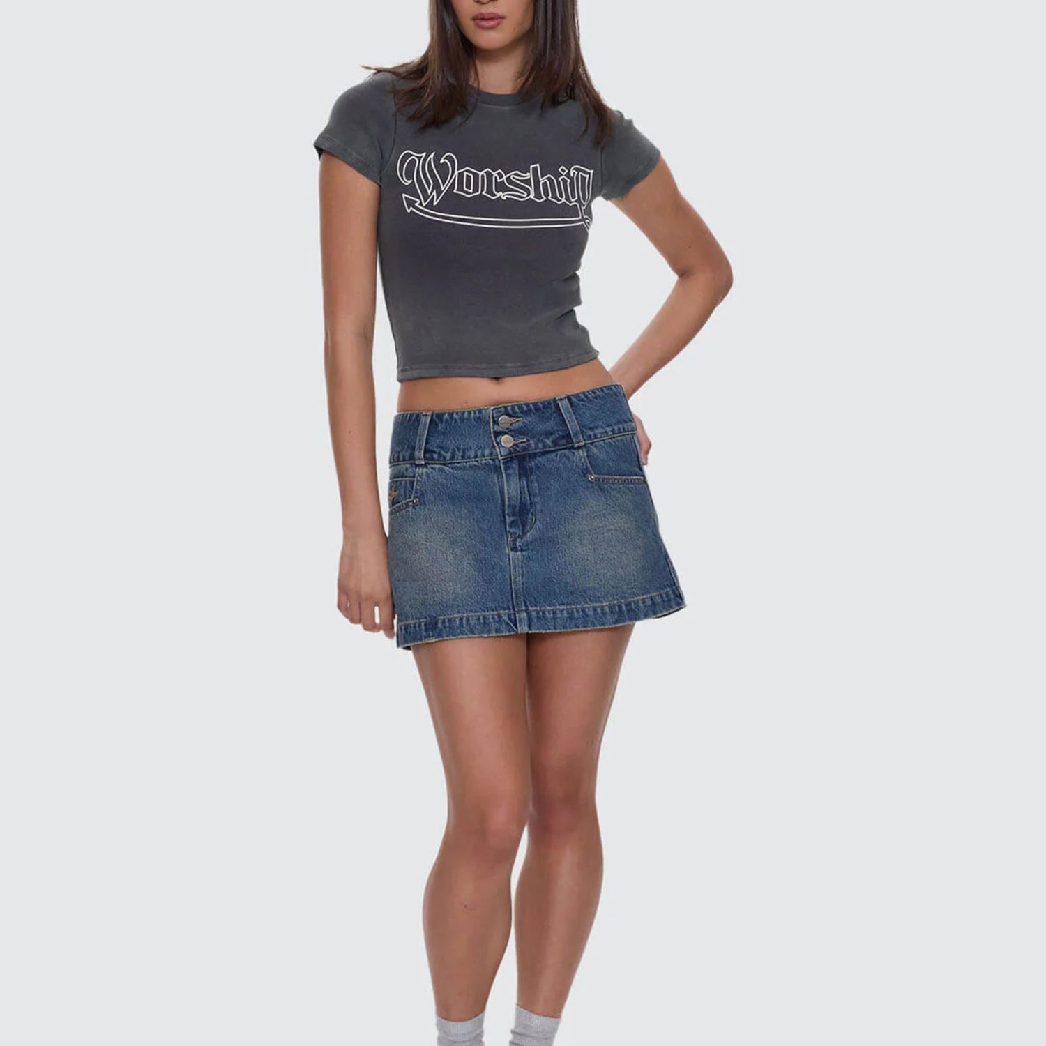 WORSHIP WOMENS DEVLISH MICRO SKIRT - DIRTY MID BLUE