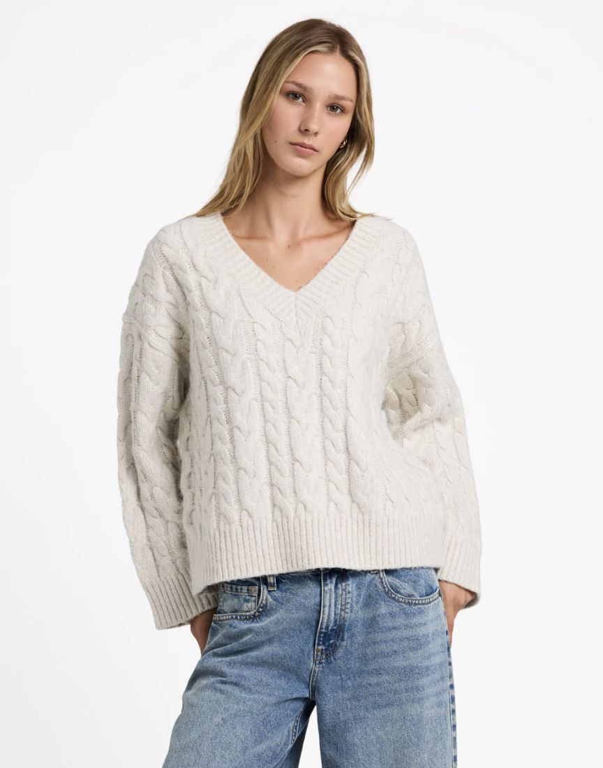 RVCA WOMENS CABLE V NECK KNIT SWEATER - STAR WHITE