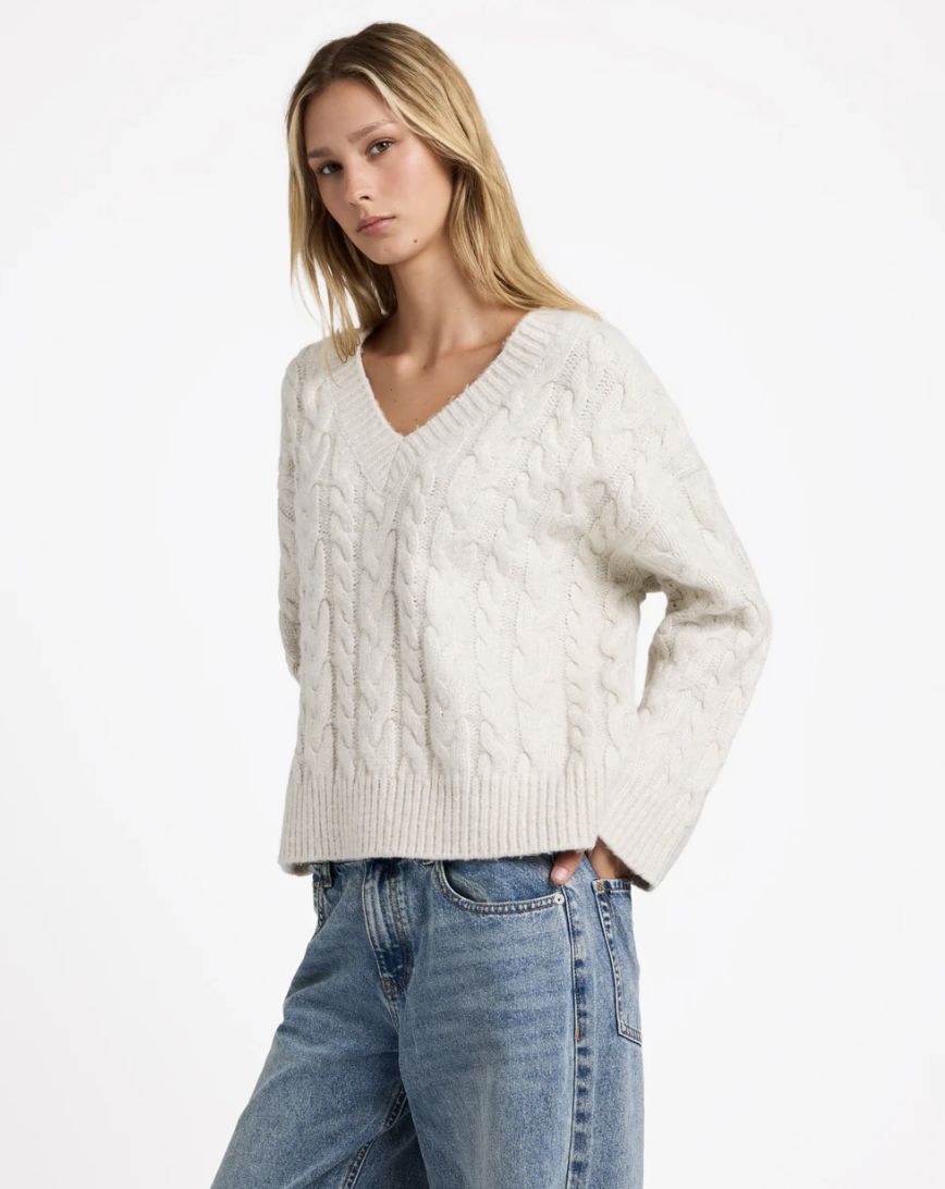 RVCA WOMENS CABLE V NECK KNIT SWEATER - STAR WHITE