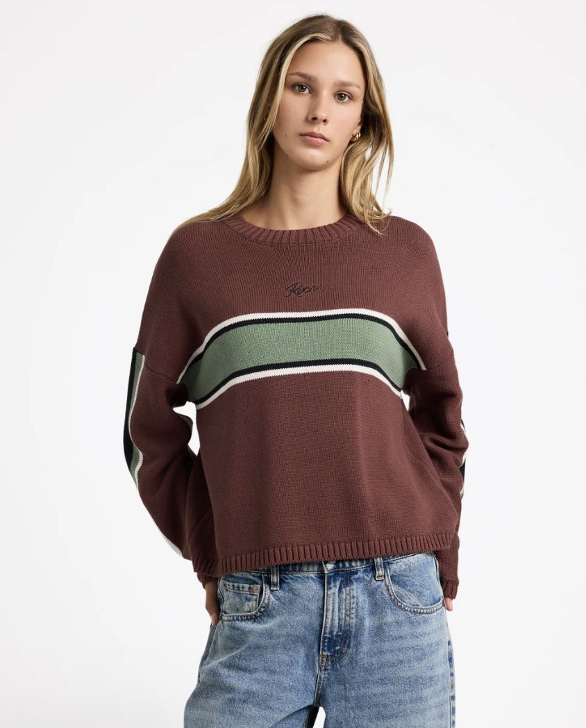 RVCA WOMENS IVY STRIPE KNIT SWEATER - TERRA BROWN