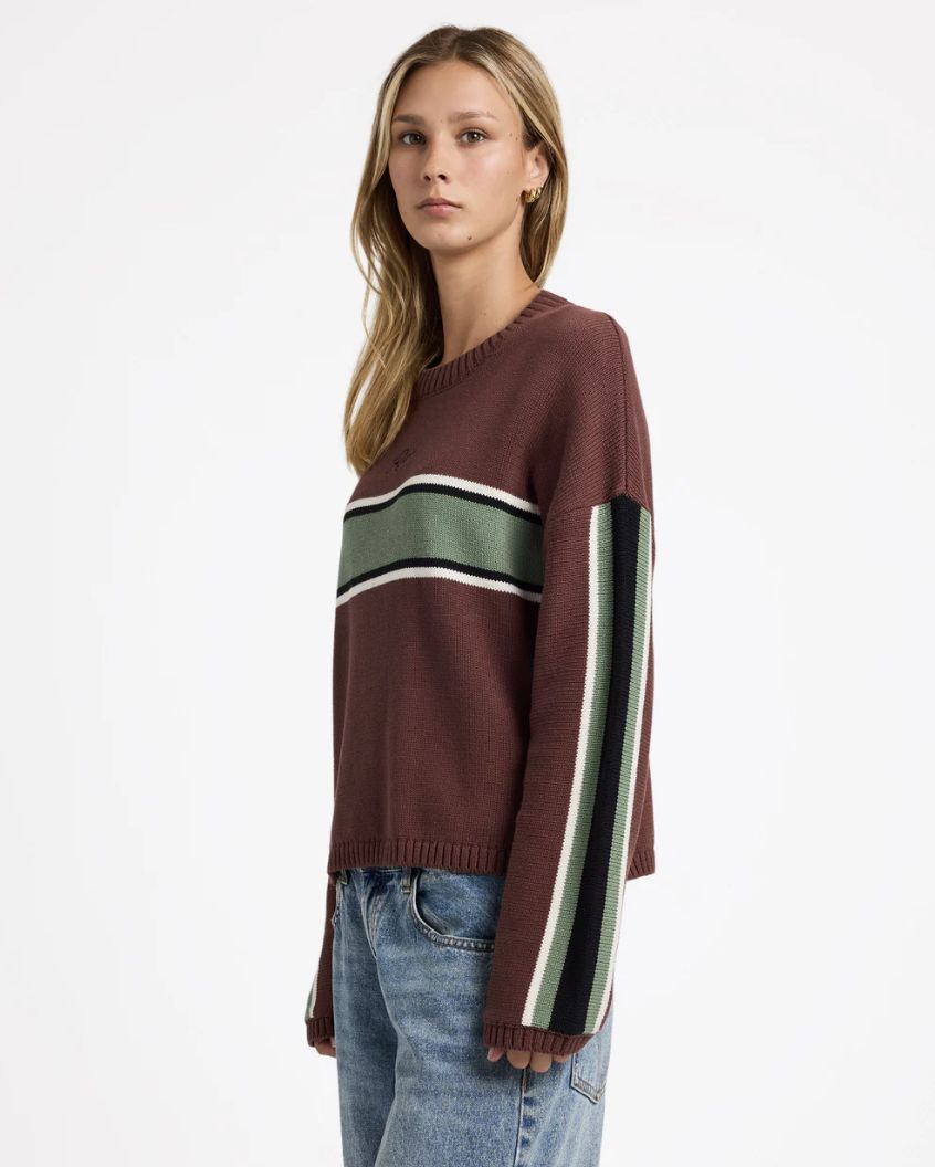 RVCA WOMENS IVY STRIPE KNIT SWEATER - TERRA BROWN