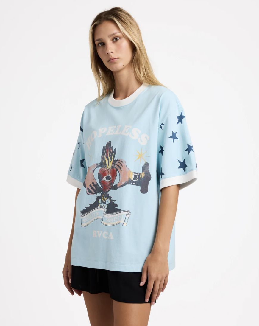 RVCA WOMENS TONI RINGER SS TEE - CRYSTAL BLUE