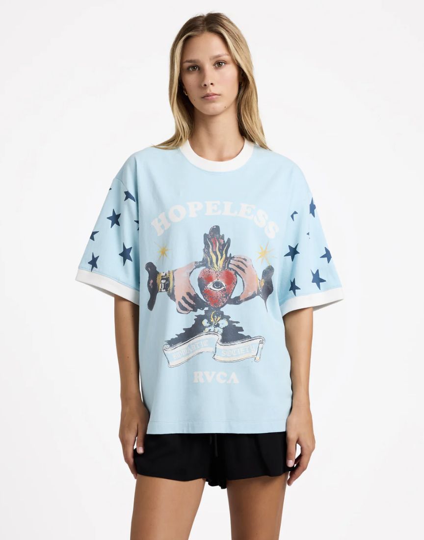RVCA WOMENS TONI RINGER SS TEE - CRYSTAL BLUE