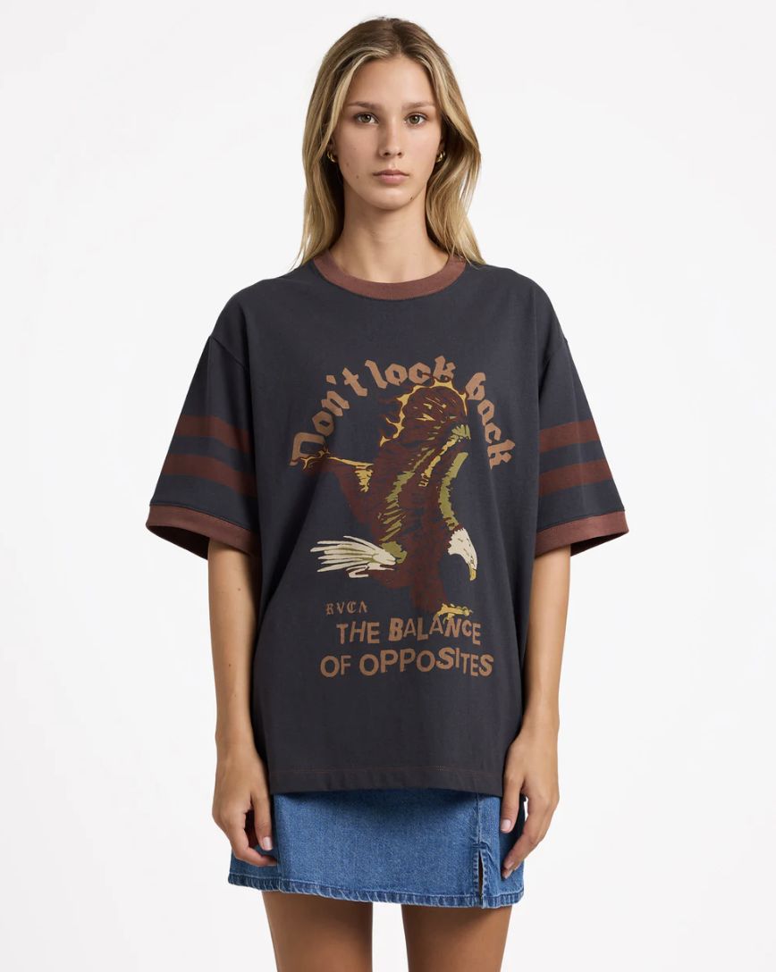 RVCA WOMENS TONI RINGER SS TEE -WASHED BLACK