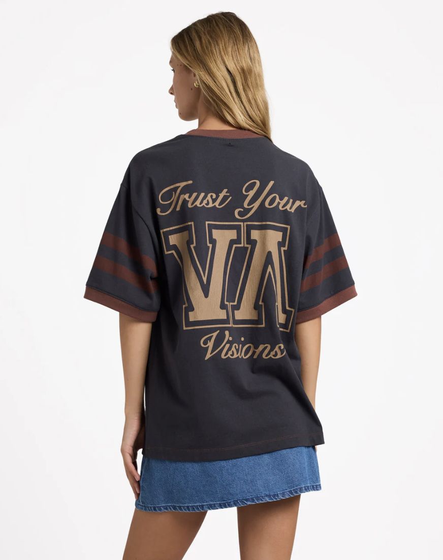 RVCA WOMENS TONI RINGER SS TEE -WASHED BLACK