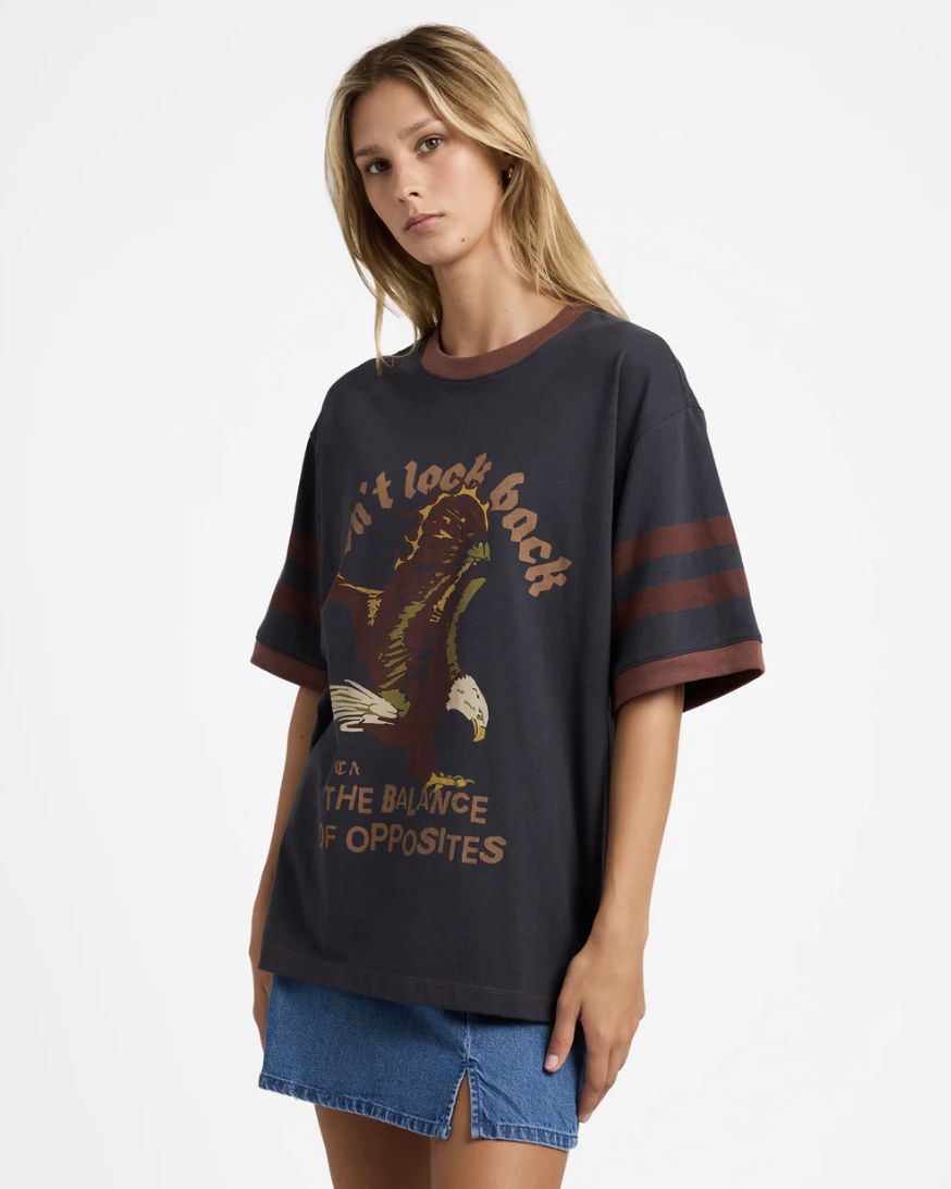 RVCA WOMENS TONI RINGER SS TEE -WASHED BLACK