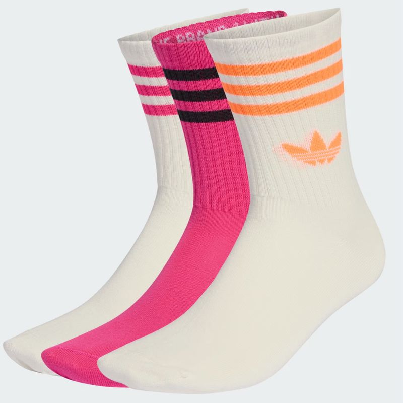 ADIDAS UNISEX 5 STRIPE TREFOIL CREW SOCK 3 PACK - WHITE/SHOCK PINK/OFF WHITE