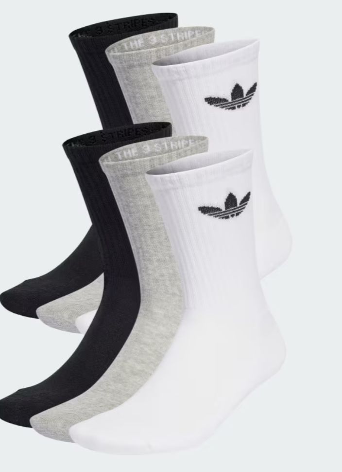 ADIDAS UNISEX TREFOIL CREW SOCK 6 PACK - BLACK/WHITE/MARLE GREY HEATHER