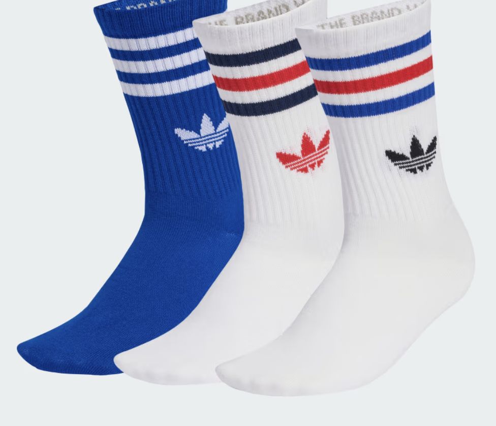 ADIDAS UNISEX 3 STRIPE CREW SOCK 3 PACK - WHITE/WHITE/ROYAL