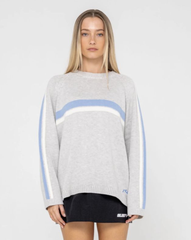 RUSTY WOMENS WHITE LINES LONG SLEEVE CREW NECK KNIT - GREY MARLE / BLUE